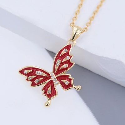 Copper 18K Gold Plated Epoxy Inlay Butterfly Zircon Pendant Necklace