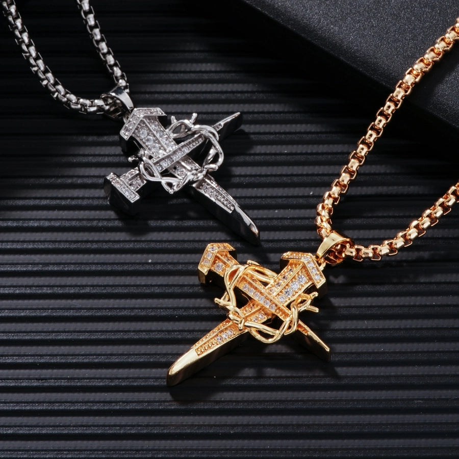 Hip-Hop Rock Shiny Cross Wings 304 Stainless Steel Copper Zircon K Gold Plated Rhodium Plated Unisex Pendant Necklace