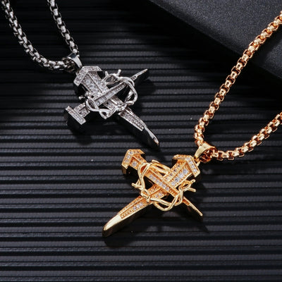 Hip-Hop Rock Shiny Cross Wings 304 Stainless Steel Copper Zircon K Gold Plated Rhodium Plated Unisex Pendant Necklace