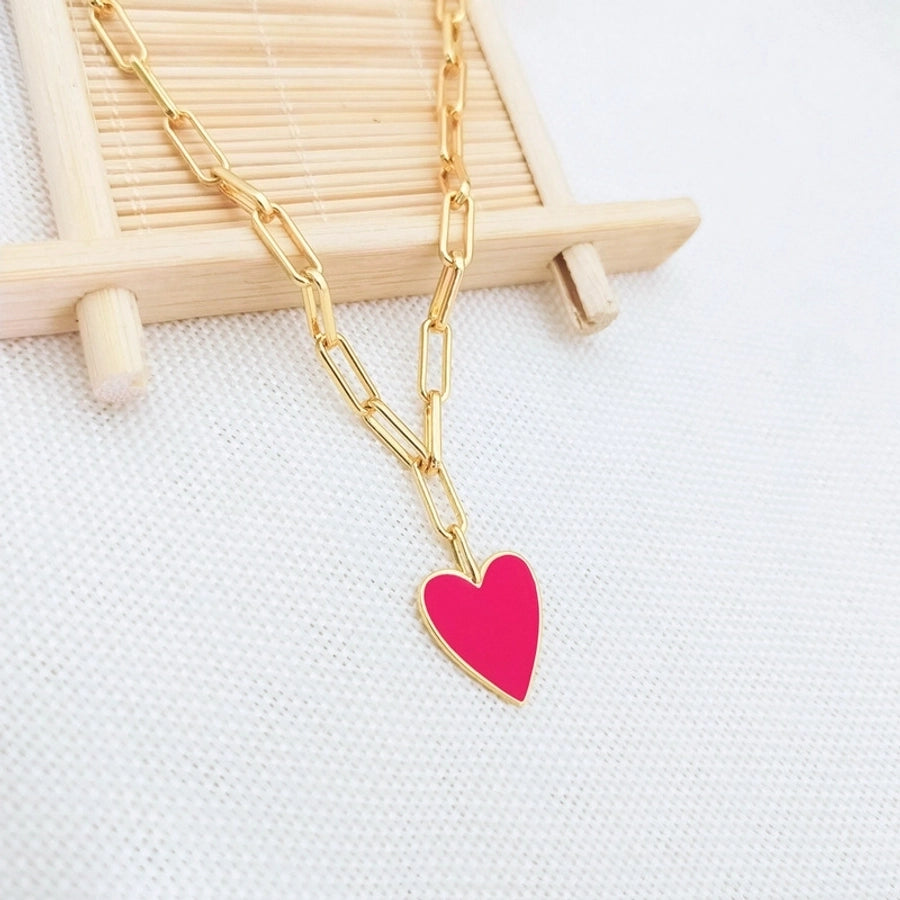 Copper Paperclip Chain Enamel Heart Shape Pendant Necklace