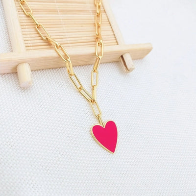 Copper Paperclip Chain Enamel Heart Shape Pendant Necklace