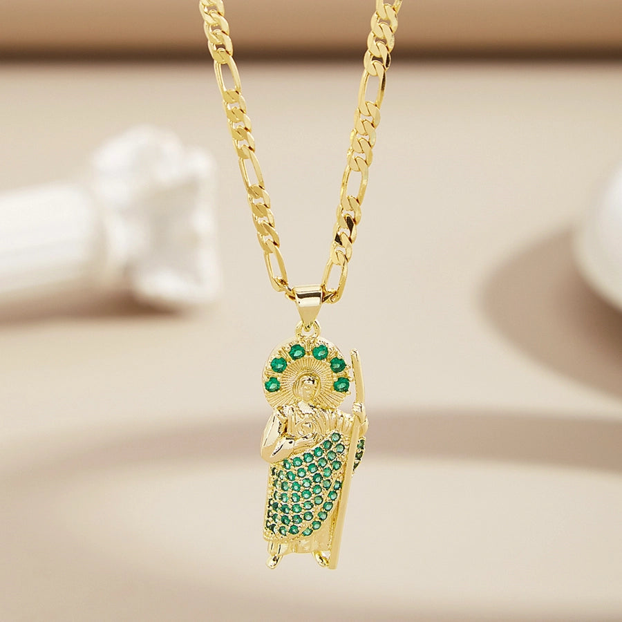 Jewelry Retro Religion Classic Style Human Copper Zircon 18K Gold Plated Inlay Pendant Necklace