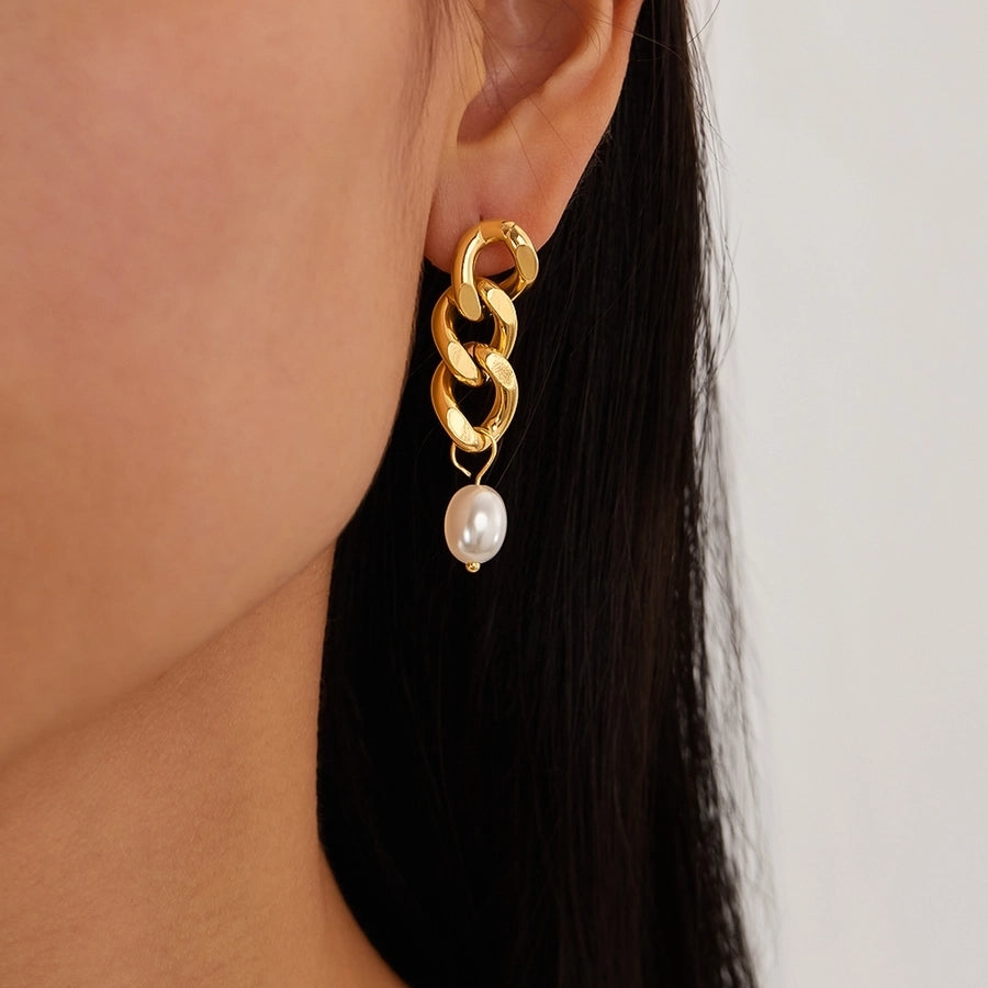 1 Pair French Style Geometric Pearl chain 304 Stainless Steel 18K Gold Plated Drop Earrings