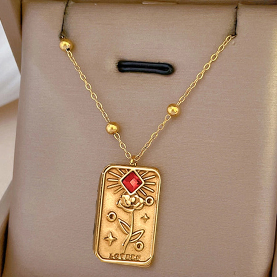 Jewelry Punk Roman Style Letter Rose Rectangle 304 Stainless Steel Zircon 18K Gold Plated Plating Inlay Pendant Necklace