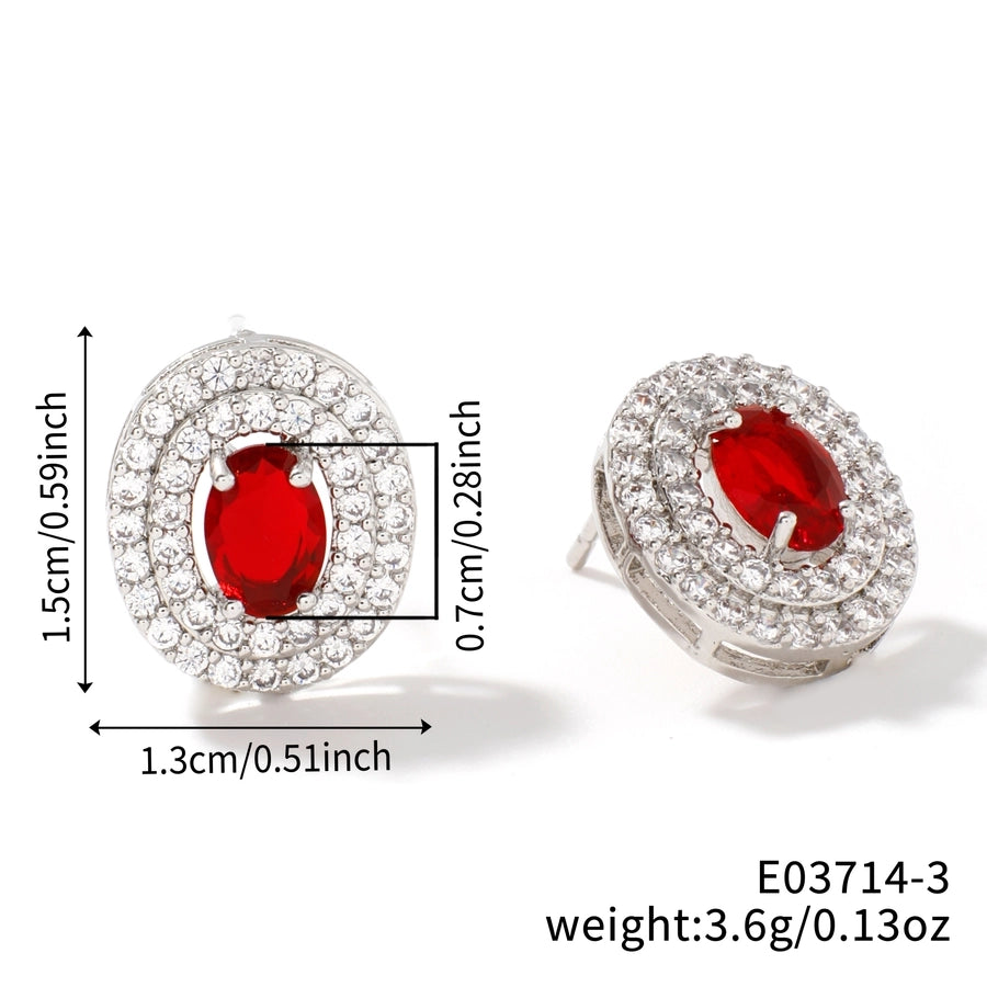 1 Pair Retro Sweet Shiny Oval Inlay Copper Glass Zircon Rhodium Plated Ear Studs