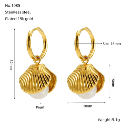 Jewelry IG Style Shell 304 Stainless Steel Artificial Pearls 18K Gold Plated Inlay Rings Earrings Necklace