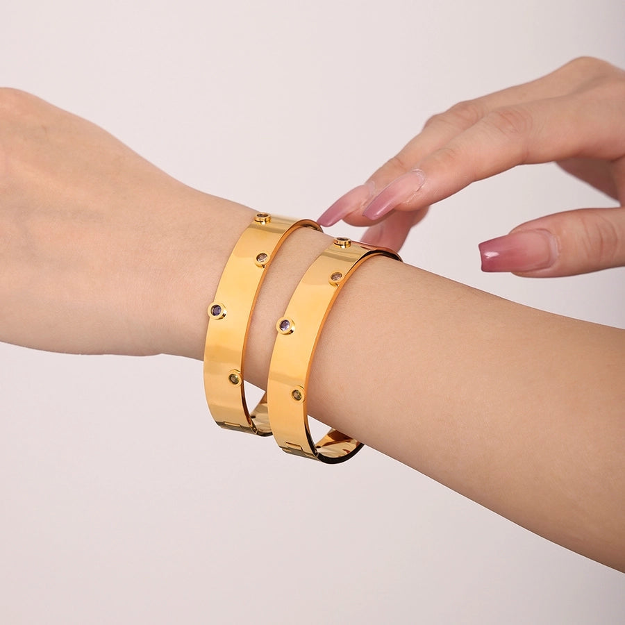 Elegant Glam Round 304 Stainless Steel 18K Gold Plated Zircon Bangle In Bulk