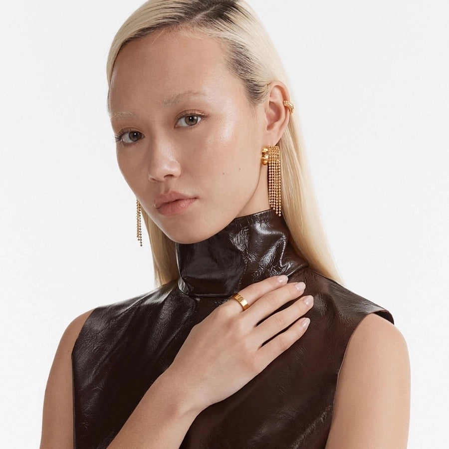 18K Gold Stainless Steel Bead Chain Tassel Earrings Earrings with Left and Right Sides