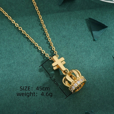 Copper O-shaped chain 18K Gold Plated Inlay Cross Crown Zircon Pendant Necklace