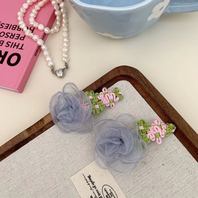 Korean Style Net Yarn Flowers Side Clip Side Fringe Hairpin Female Forehead Exquisite 2024 New Short Hair Headwear Female BB Clip