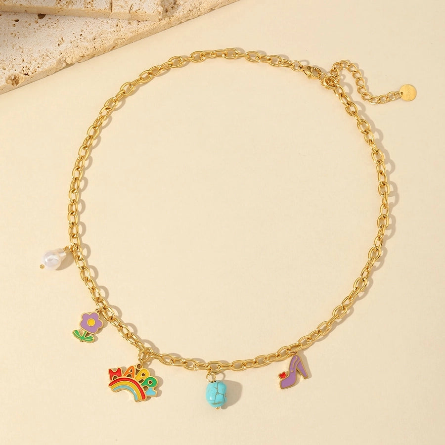 Jewelry Cute Sweet Letter Rainbow Flower 304 Stainless Steel Imitation Pearl Turquoise 18K Gold Plated Enamel Plating Inlay Multi Charms Bracelet Multi Charms Necklace Earrings