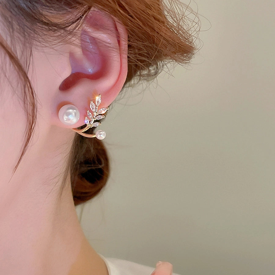 1 Pair Casual Simple Style Streetwear Leaf Plating Copper Artificial Pearls Zircon Earrings