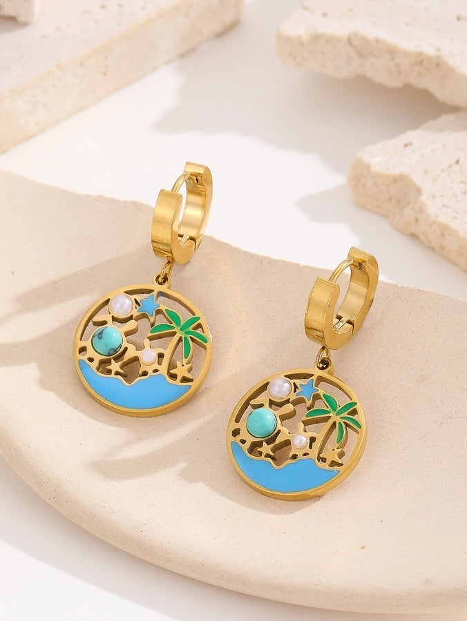 1 Pair Hawaiian IG Style Tree Ocean Painted Hollow Out Inlay Titanium Steel Artificial Pearls Turquoise 18K Gold Plated Drop Earrings