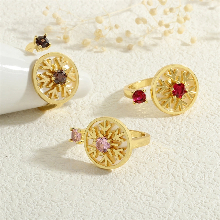 Copper Inlay Snowflake Zircon Open Rings