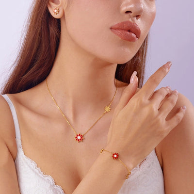 Premium Little Daisy Flower Bracelet Necklace Ear Stud Three-Piece Set Sweet Personality Niche Stainless Steel Ornament