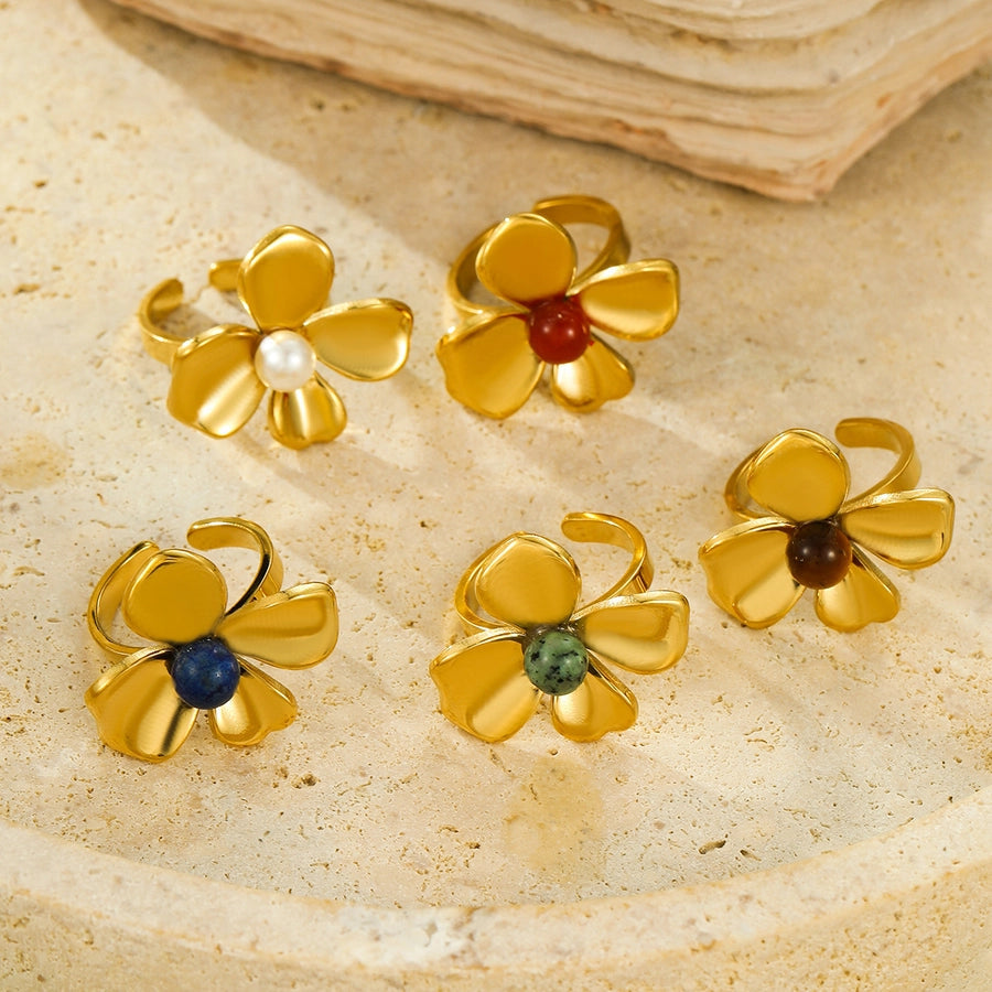 Jewelry Elegant Retro Flower 304 Stainless Steel Natural Stone Pearl Inlay Open Rings