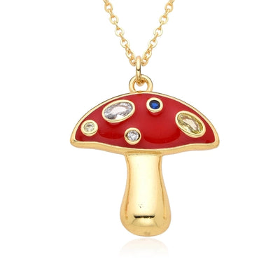 Copper Inlay Mushroom Zircon Pendant Necklace