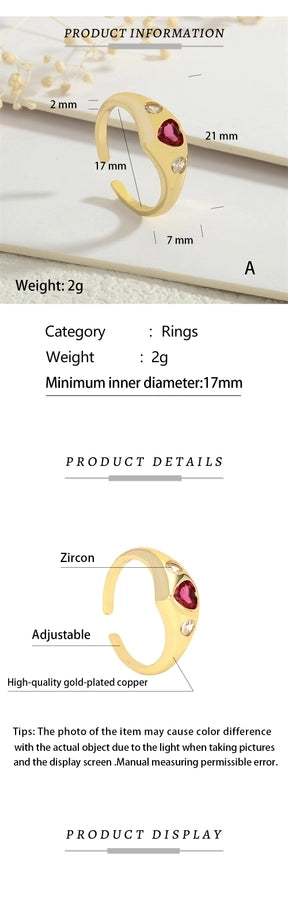 Copper Inlay Heart Shape Zircon Open Rings