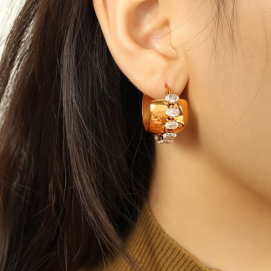 1 Pair Elegant Retro French Style C Shape Semicircle Polishing Plating Inlay 304 Stainless Steel Zircon 18K Gold Plated Earrings