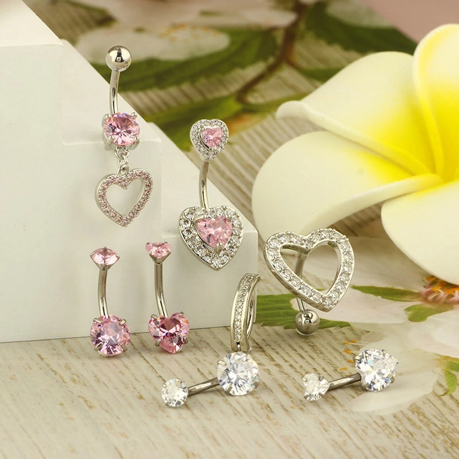 1 Piece 1 Set Belly Rings Hip-Hop Shiny Heart Shape 316L Stainless Steel  Copper Inlay Zircon Belly Rings
