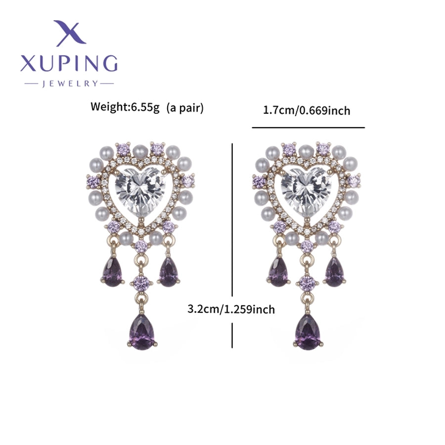 1 Pair Luxurious Sweet Heart Shape Plating Copper Artificial Gemstones 18K Gold Plated Drop Earrings