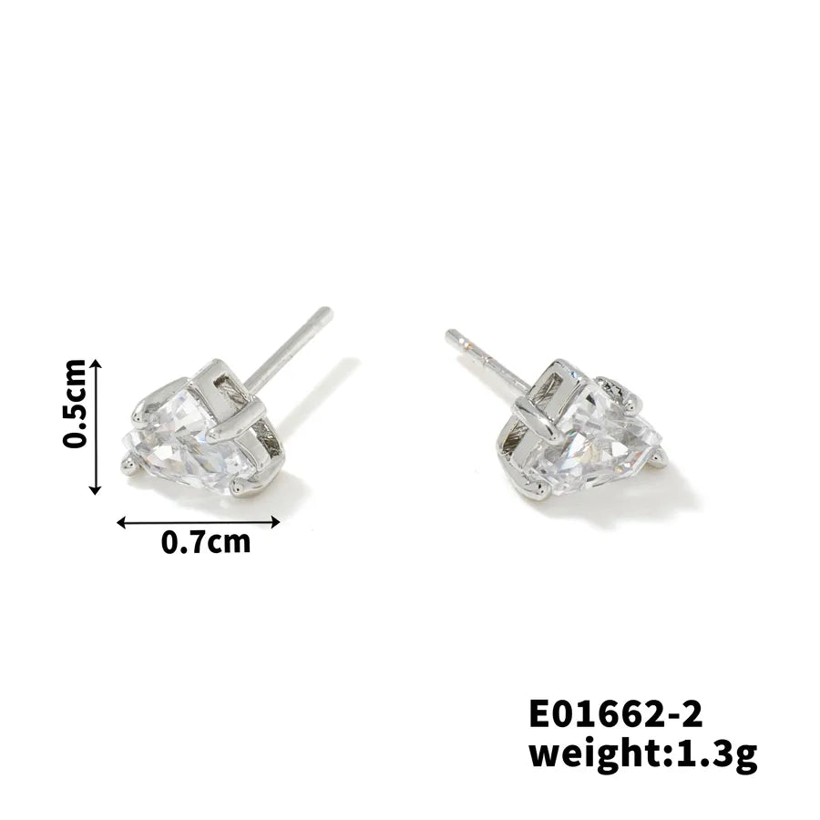 1 Piece Simple Style Heart Shape Inlay Copper Zircon Rhodium Plated Ear Studs
