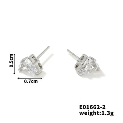 1 Piece Simple Style Heart Shape Inlay Copper Zircon Rhodium Plated Ear Studs