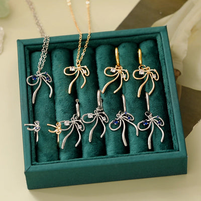 Copper 18K Gold Plated White Gold Plated Asymmetrical Big Bow Bow Knot Zircon Jewelry Set