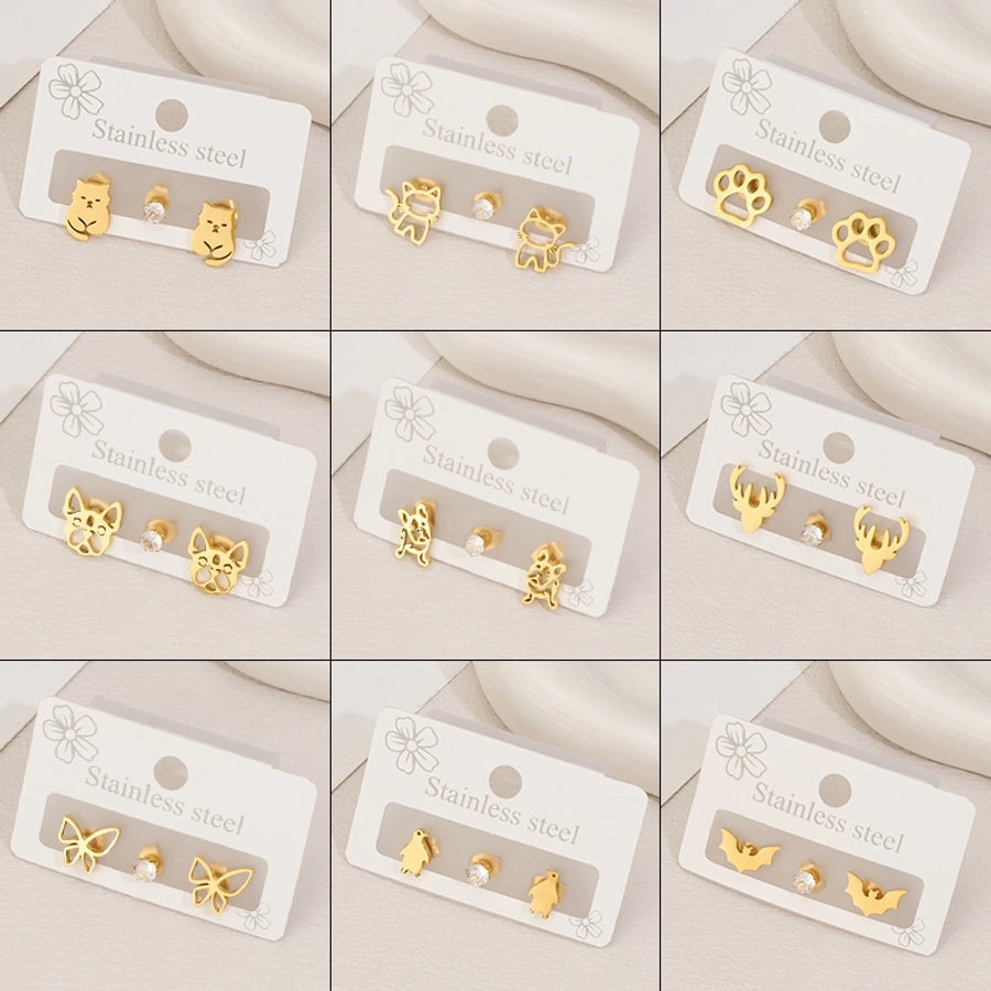 1 Set Halloween Cute Sweet Animal Cat Bat Polishing Inlay 304 Stainless Steel Zircon 18K Gold Plated Ear Studs