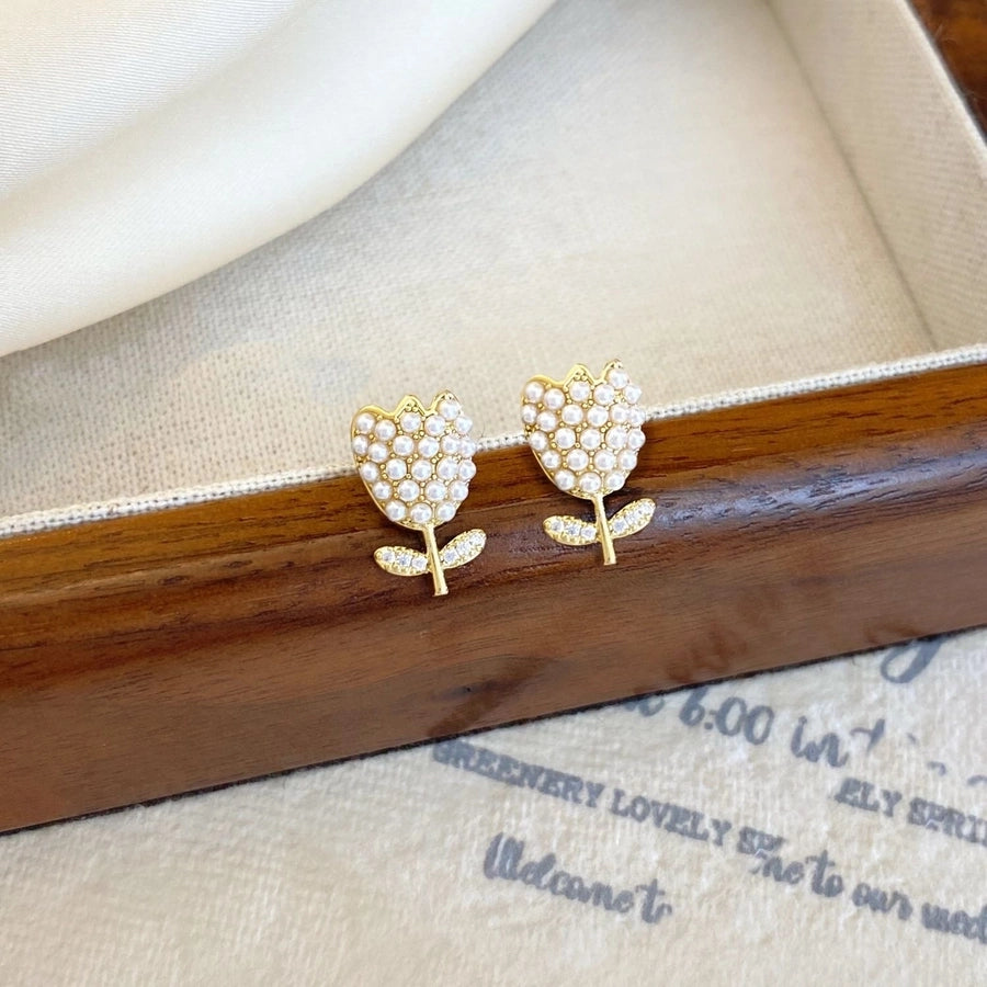 1 Pair Casual Elegant Cute Flower Inlay Alloy Rhinestones Pearl Ear Studs