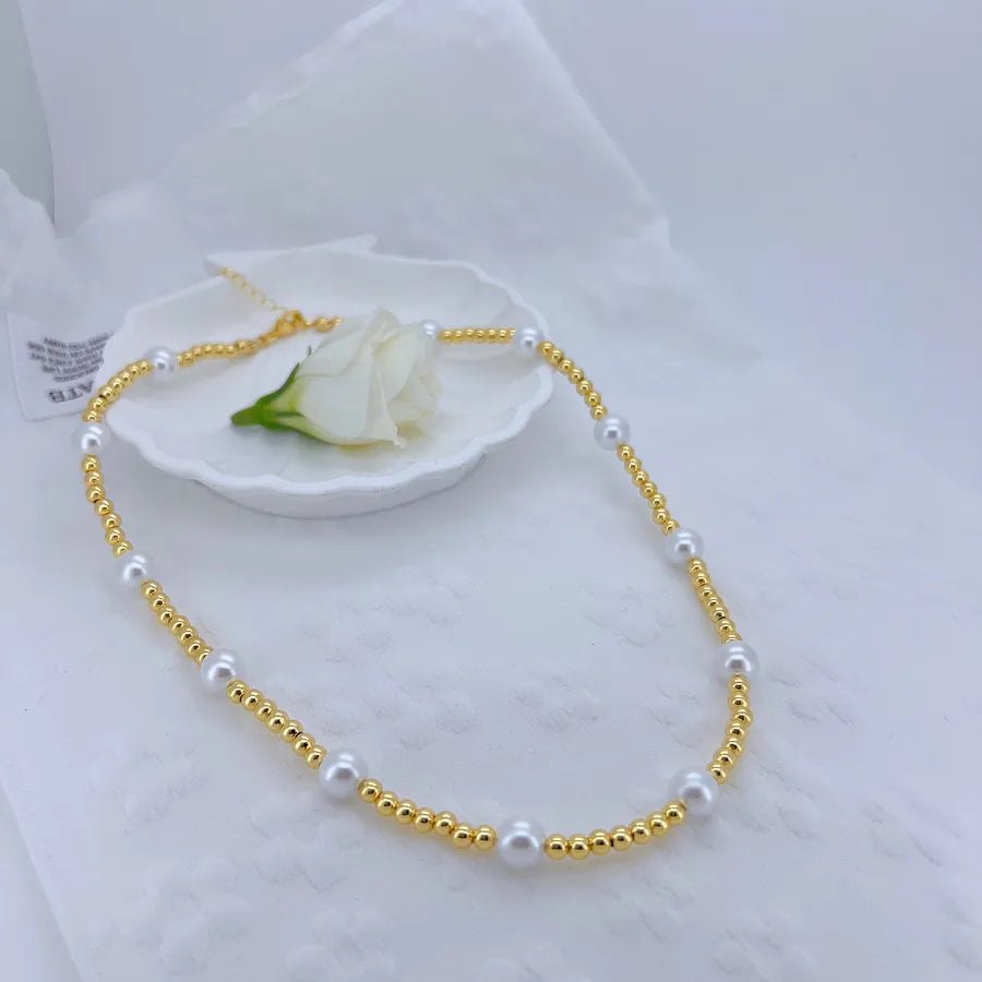 Wholesale Jewelry Casual Vacation Bow Knot Copper 18K Gold Plated Polishing Inlay Necklace Beaded Chain