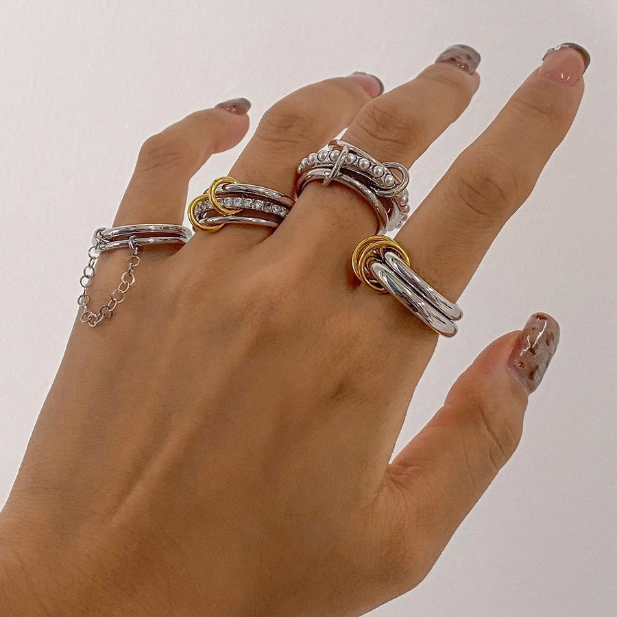 Jewelry Elegant Simple Style Double Ring Stainless Steel Layered Mixed Metal Plating Rings