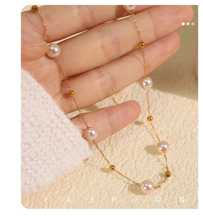 Jewelry IG Style Elegant French Style Round 304 Stainless Steel Artificial Pearls 18K Gold Plated Beaded Polishing Necklace