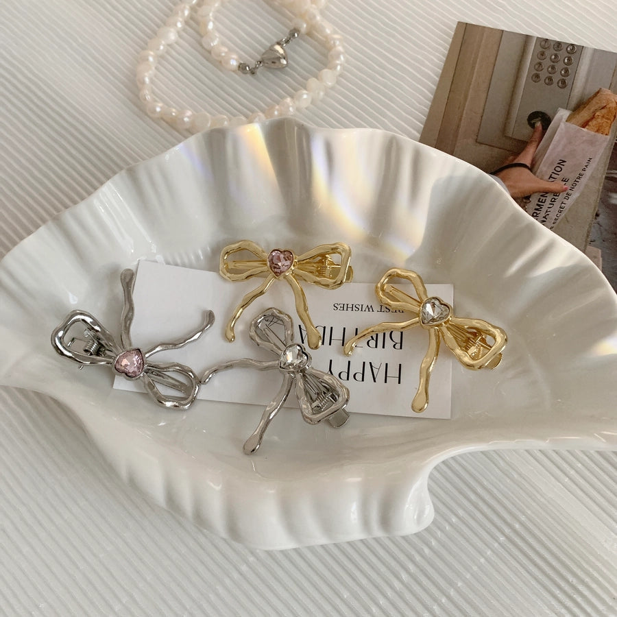 Women's IG Style Sweet Heart Shape Bow Knot Metal Hollow Out Inlay Rhinestones Hair Clip