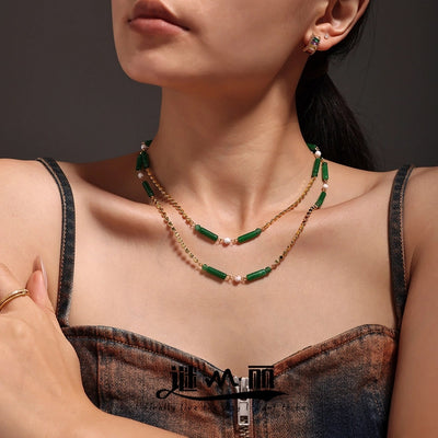 Jewelry Elegant Vacation chain 304 Stainless Steel Aventurine 18K Gold Plated Beaded Necklace