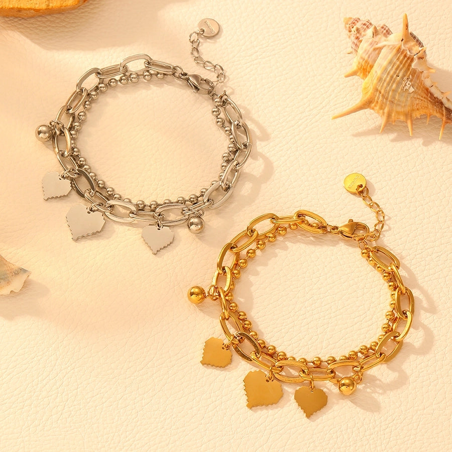 Elegant Heart Shape Titanium Steel 18K Gold Plated Beaded Chain cable chain Bracelets In Bulk