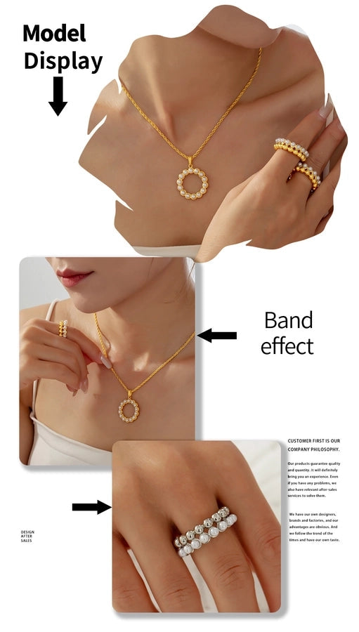 Jewelry Elegant Round 304 Stainless Steel Artificial Pearls 18K Gold Plated Plating Inlay Rings Necklace