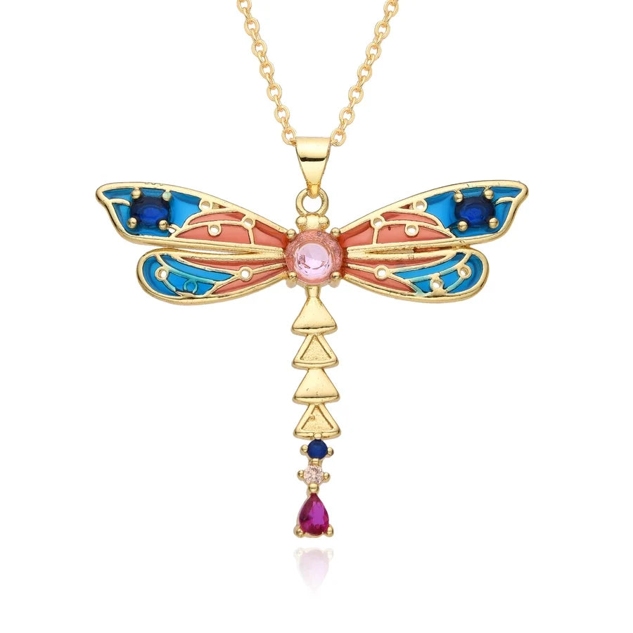 Copper Inlay Snake Dragonfly Zircon Pendant Necklace