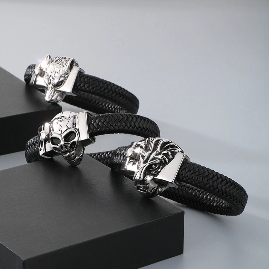 Business Lion's head Wolf Head Skull 304 Stainless Steel Leather 18K Gold Plated Men's Bracelets