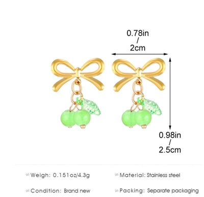 Jewelry Sweet Simple Style Cherry Bow Knot 304 Stainless Steel Rings Earrings
