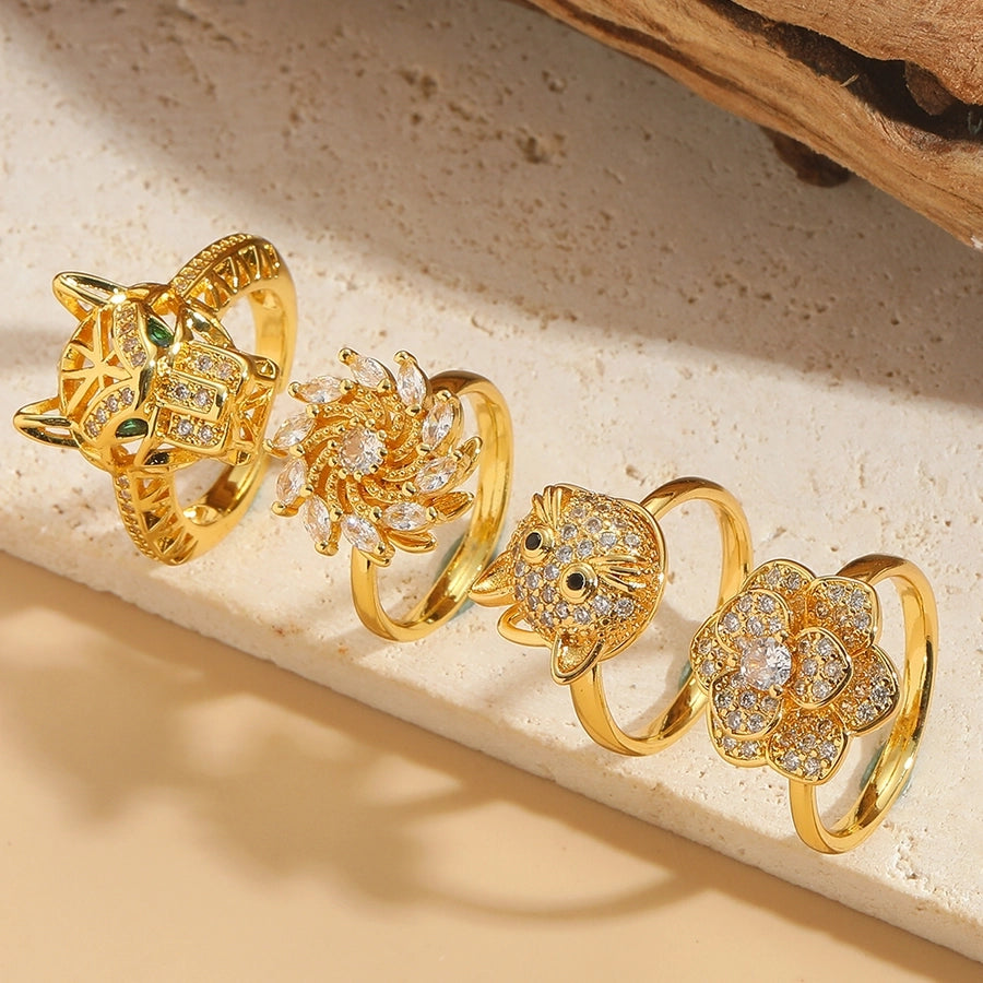 Jewelry Casual Cute Cat Flower Copper Zircon 14K Gold Plated Rings