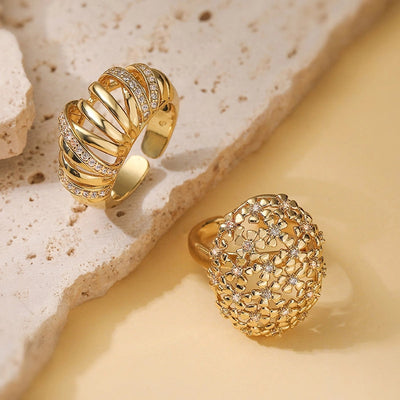 Jewelry Casual Elegant Flower Copper Zircon 18K Gold Plated Plating Hollow Out Inlay Open Rings