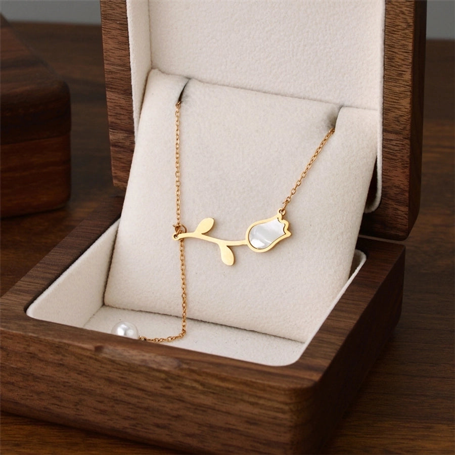 [Whole Body Titanium Steel] Tulip Pearl Pendant Necklace Light Luxury Classic Style Necklace