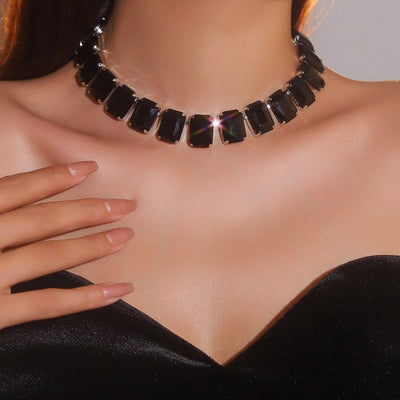 Copper Tennis Chain Inlay Rectangle Rhinestones Pendant Necklace