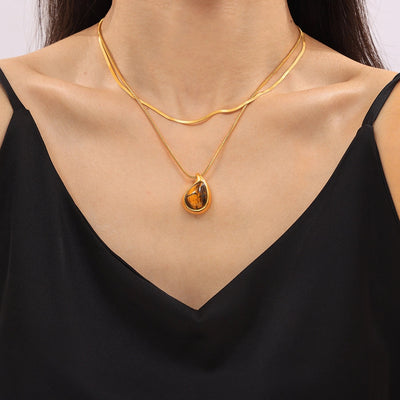 Jewelry Retro Classic Style Water Droplets 304 Stainless Steel Tiger Eye 18K Gold Plated Plating Inlay Pendant Necklace Necklace