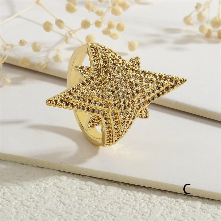 Copper Inlay Hexagram Star Zircon Open Rings