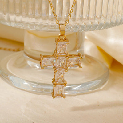 304 Stainless Steel Copper K Gold Plated Rhodium Plated Inlay Cross Zircon Pendant Necklace