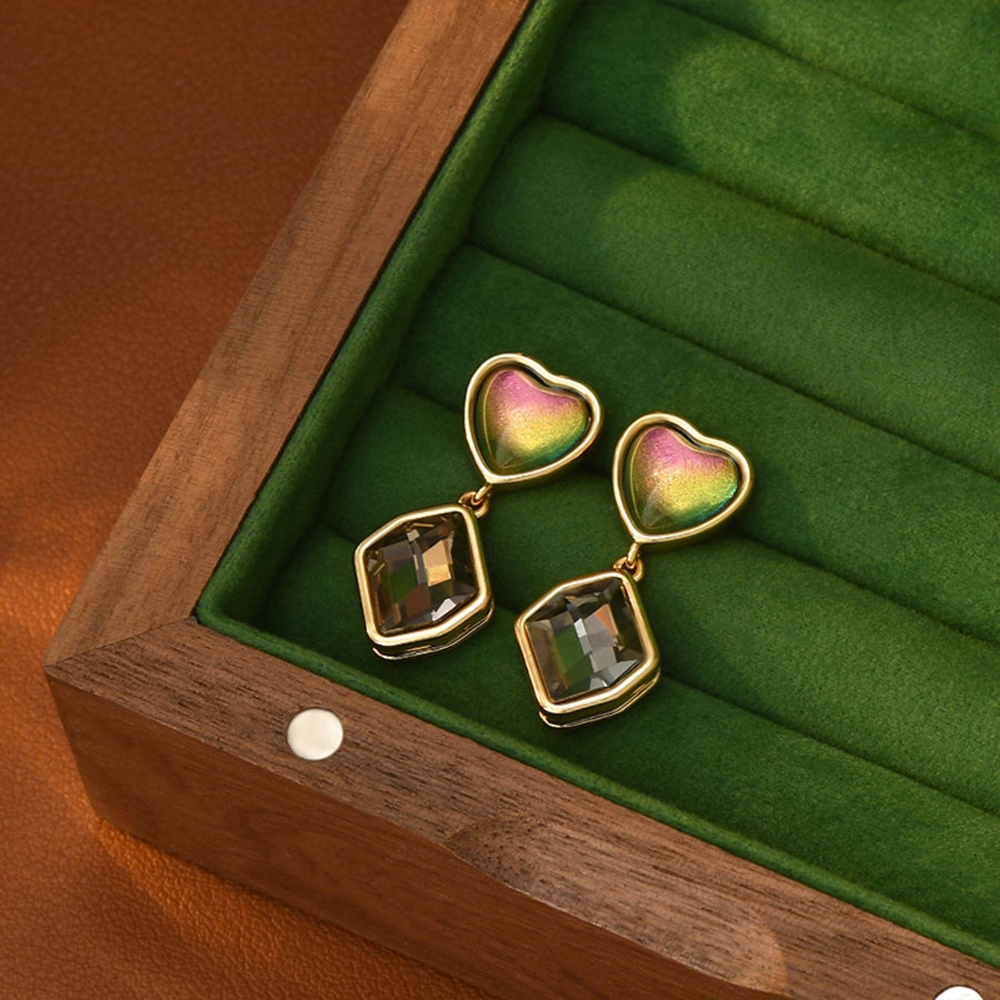 1 Pair Retro French Style Round Heart Shape Copper Zircon 18K Gold Plated Drop Earrings