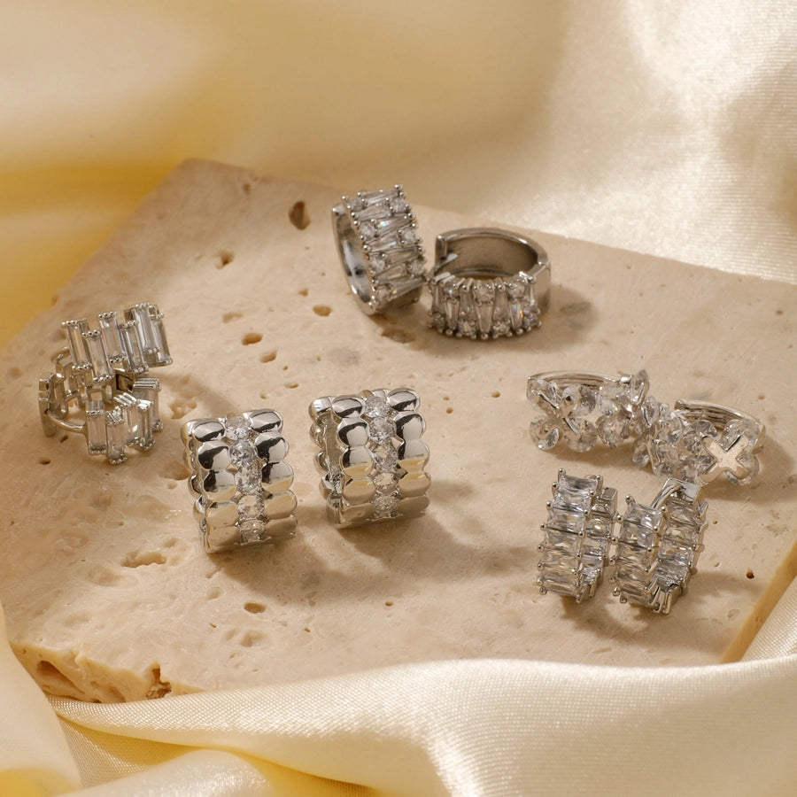 1 Pair Elegant Basic Round Inlay Copper Zircon Rhodium Plated Ear clip