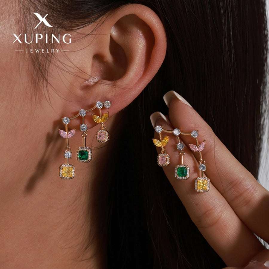 1 Pair Glam Luxurious Geometric Plating Copper Artificial Gemstones 18K Gold Plated Drop Earrings
